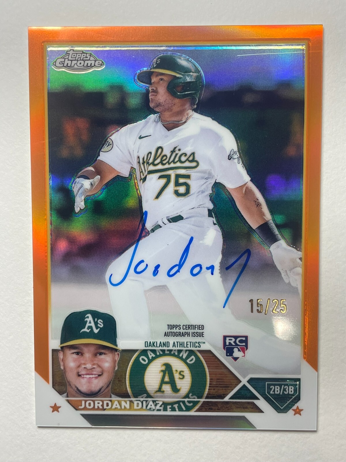 2023 Topps Chrome Jordan Diaz Orange Refractor RC #RA-JDI Auto 15/25 Athletics