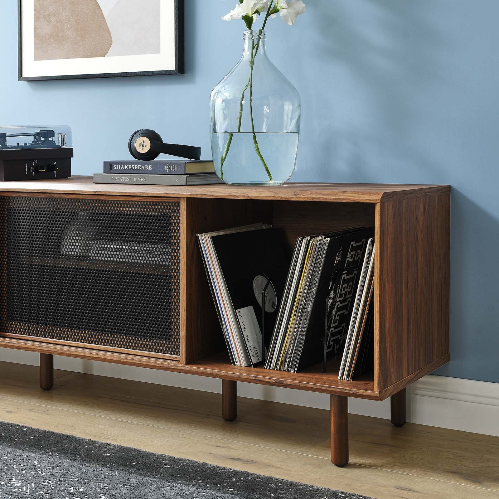 Modway Kurtis 67" Modern Vinyl Record TV Stand in Walnut With Mesh Sliding Doors