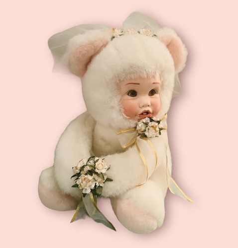 VTG Rare Collectible Fiesta CA Mama W/baby Teddy Fur Bear-Bride Porcelain Face