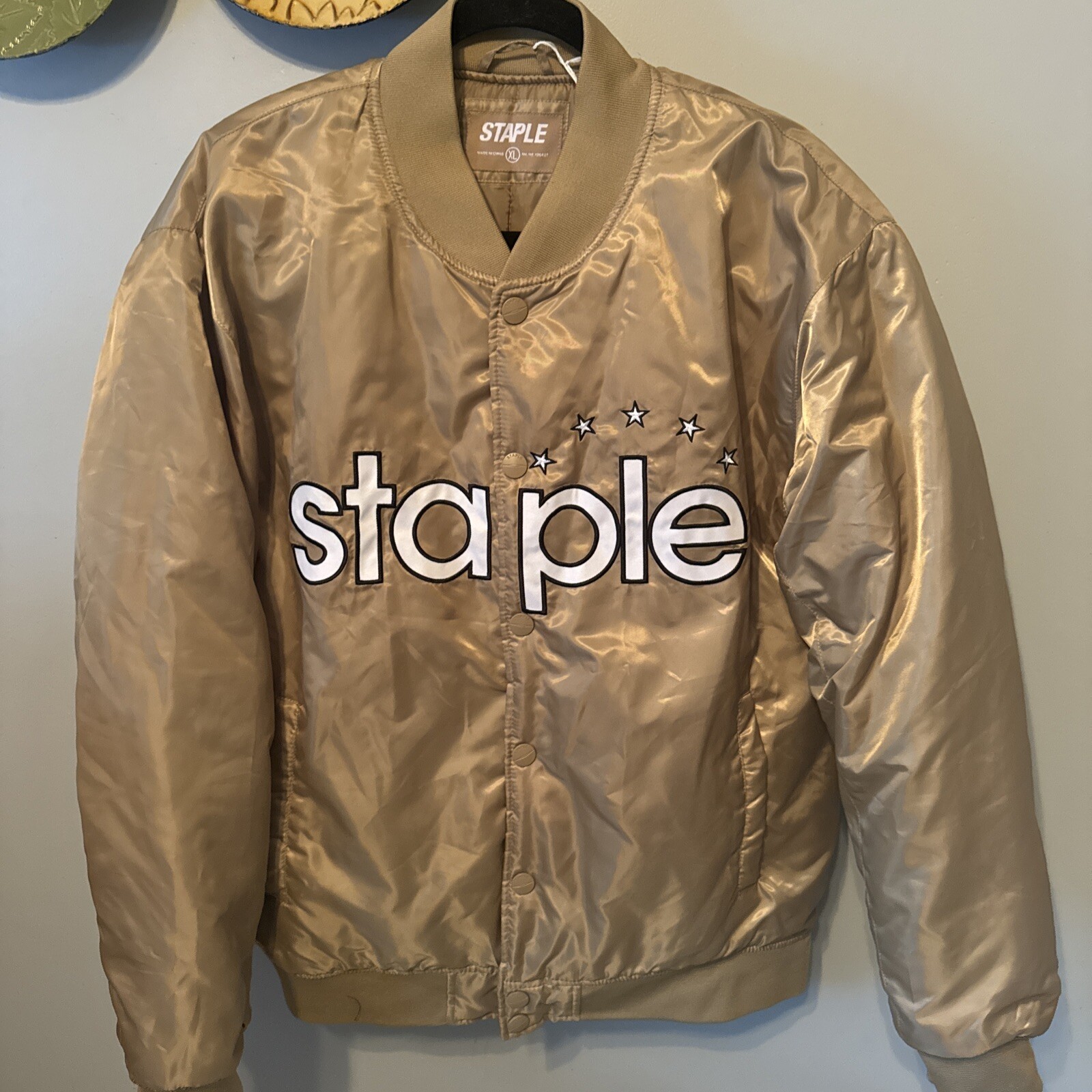 Staple Pigeon Satin Bomber Jacket Button Snaps Kakhi Gold Men's
