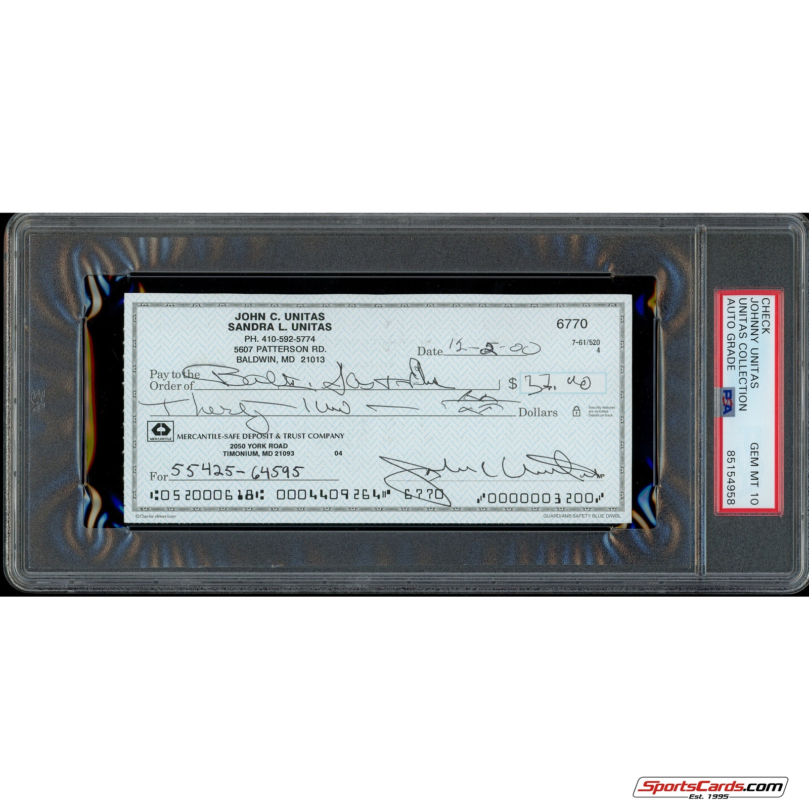 Johnny Unitas Signed Autographed Personal Check PSA DNA Gem Mint 10