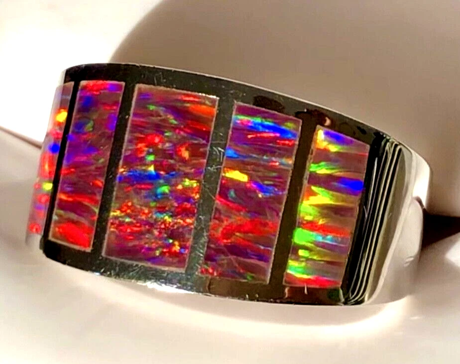 HANDSOME Sz 10 U Heavy Rock Red Black Fire Opal Men's ring VIDEO sterling 925 - Image 3 of 4