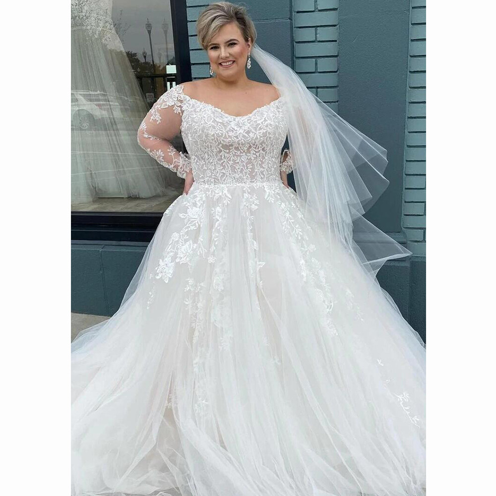 plus size off the shoulder long sleeve wedding dress Plus Size Wedding Dresses Long Sleeves Off Shoulder Lace Appliques Bridal  Gowns