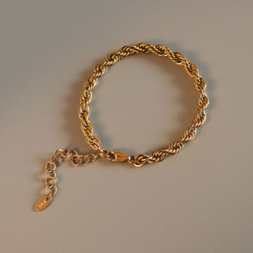 New 18K Yellow Gold Plated Stainless Steel 5MM Solid Twisted Rope Chain Bracelet - Foto 1 di 8