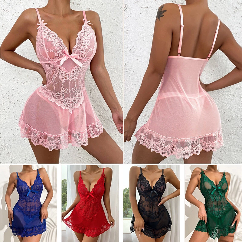 Damen Sexy Spitze Nachtwäsche Babydoll Dessous Reizwäsche Negligee-Trägerkleid g
