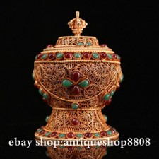 Tibet buddismo Miao argento filigrana intarsiato gemma reliquia vaso vaso bottiglia statua