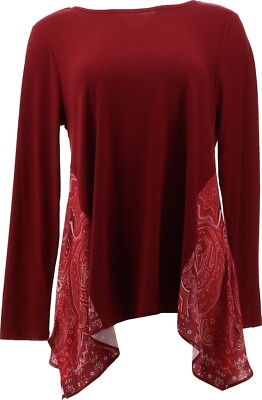 DG2 Diane Gilman Scarf-Print Side Panel Combo Top Wine S NEW (757)