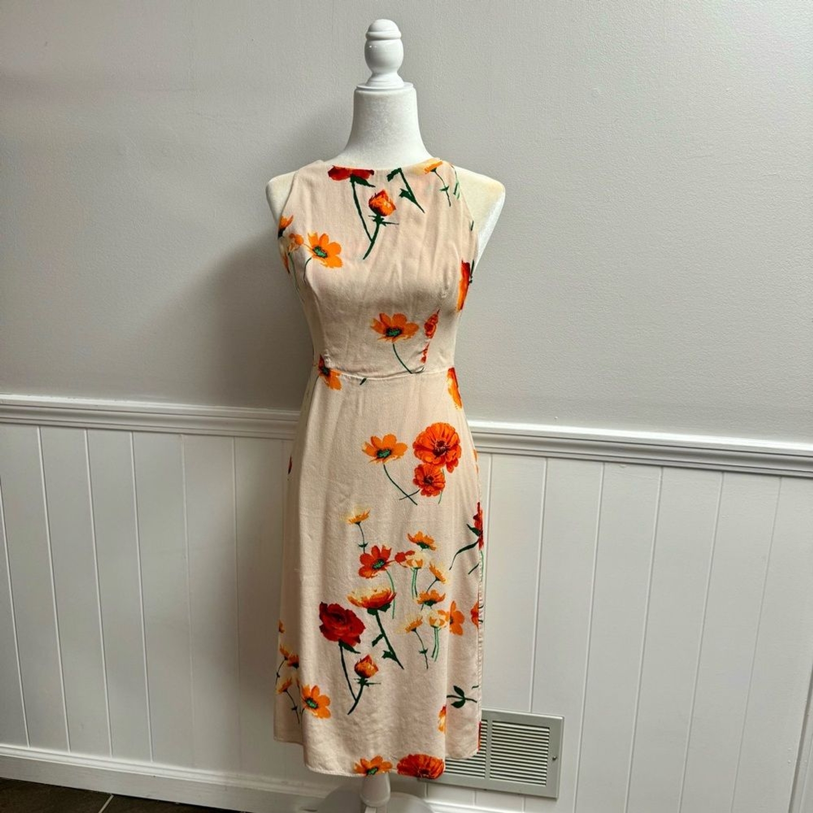 Wilfred Creneau Floral Print Sleeveless Slip Midi Dress Strappy Aritzia Cream 6