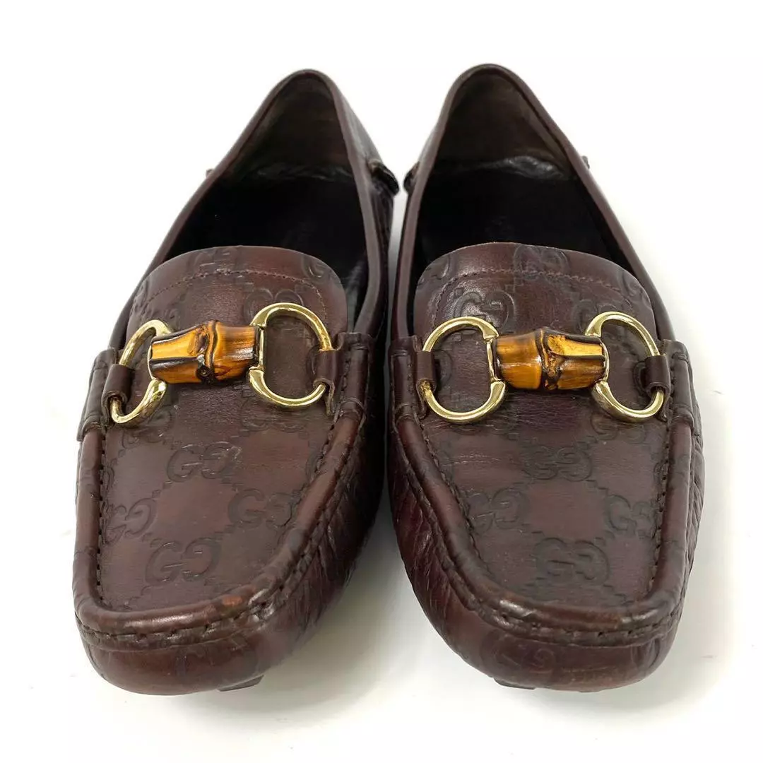 Mocassins en cuir logo GUCCI GG chaussures de conduite pointure 37 marron bambou mors de cheval plat