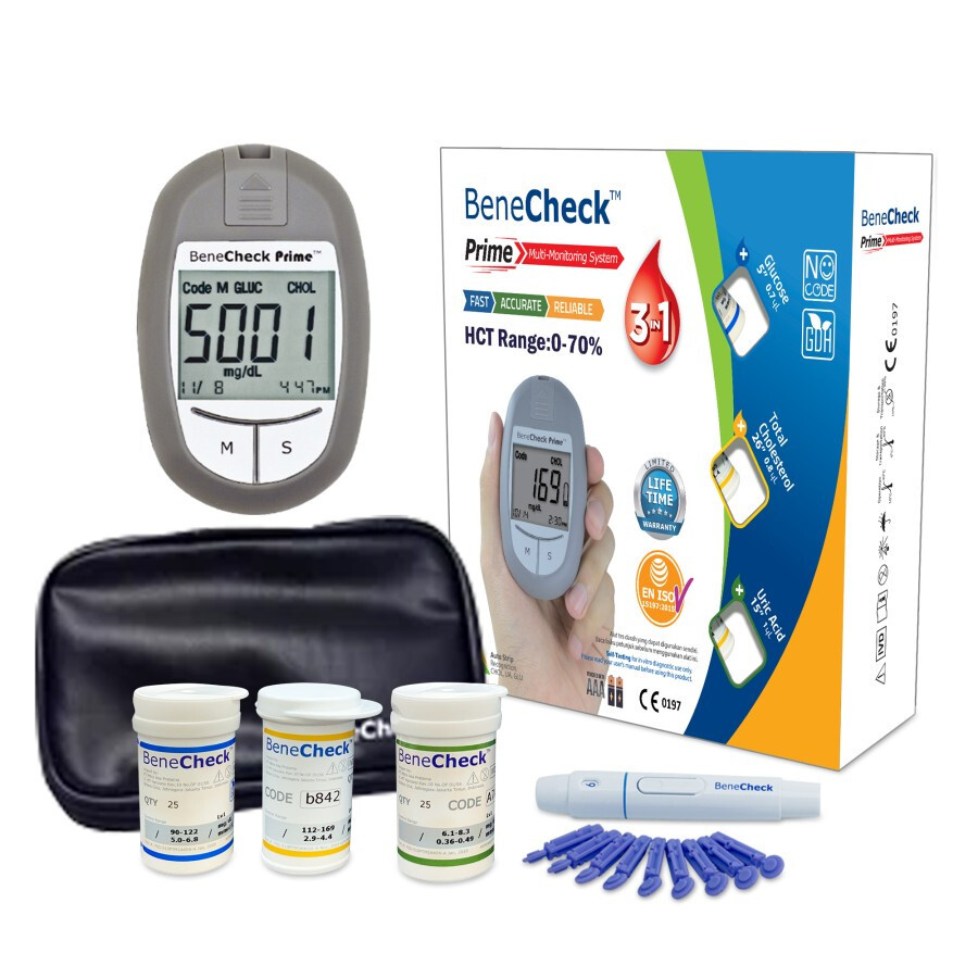 BeneCheck Prime GCU 3in1 Digital System Blood Test Cholesterol Glucosa Uric Acid