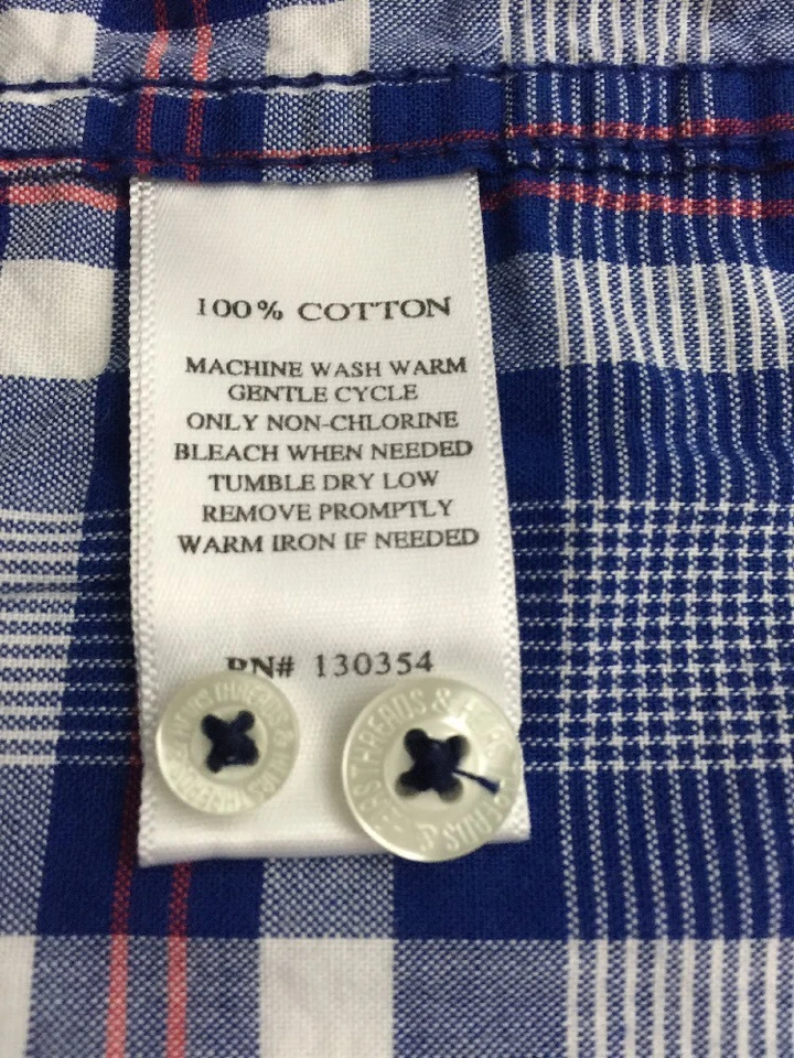 THREADS & HEIRS Mens 100% Cotton Button Front Short Sleeve Shirt Blue Plaid L S2 - Image 4 of 4