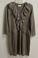 Calvin Klein Sweater Dress Size L Brown Ruffle Neutral Career Wear Soft Stretch
