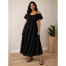 Old Navy Maxi Dress Womens M Tall Black Cotton Eyelet Boho Tiered Off Shoulder