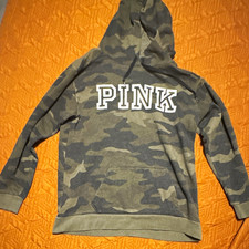 PINK Women's S Camo Fleece Pullover Hoodie Gray/Green Logo Pocket Cotton Blend