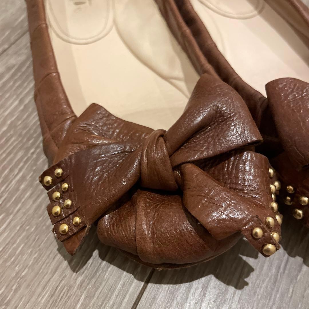 PRADA Women's Pumps Ribbon Flats Size:38/JP:24 Leather Brown 135143K Authentic thumbnail 2