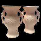 McCoy Pink Ceramic Double Handled Urn Vase Set of 2 MCM Leaf Design Vintage