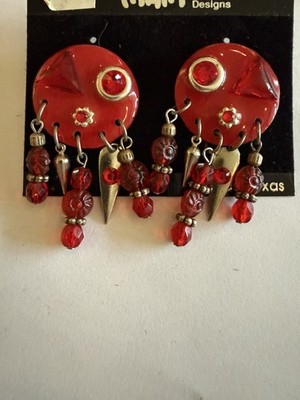 SIGNED MAM Red  DANGLE DROP STUD EARRINGS New