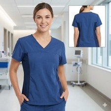 Cherokee Flexibles 2874 Navy Blue V-Neck Scrub Top Women XL Short Sleeve Stretch