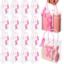 50 Pcs Breast Cancer Awareness Gift Bags with Handles Pink Ribbons and Pins Tran