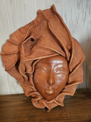 Leather face sculpture hand molded wall art 17''x13'' brown