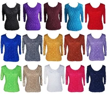 Women's Popcorn Blouse Long Sleeve Solid Color Top Expandable One Size New