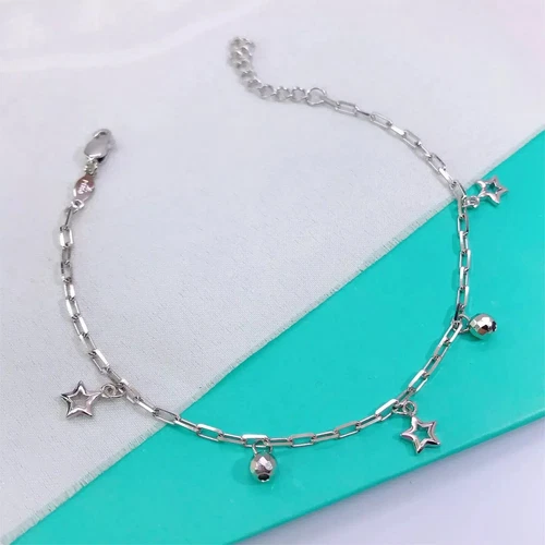 Pure Platinum 950 Chain Women Star Bead Square Cable Link Bracelet 5.05g/6.7inch - Picture 2 of 7