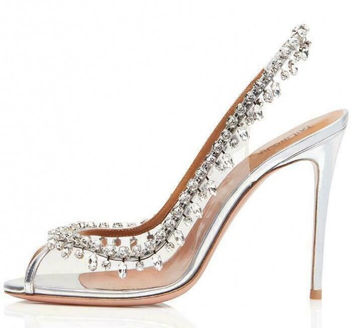 Women Silver Diamond Chain Slip On High Stiletto Heels Sandals Shoes Open  Toe | eBay