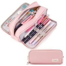 Large Capacity Pencil Case 3 Compartment Pouch Pen Bag for School Teen Pink