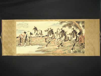Old Chinese Antique Painting Scroll Eight Horse By Xu Beihong
