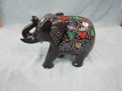 Black Marble Elephant Figurine Inlay Pietra Dura Handmade art decor gift - Picture 2 of 4