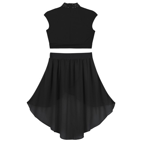 UK Girls Lyrical Dance Costume 2 Pc Halter Backless Crop Top with Skirt Outfit - Picture 63 of 105