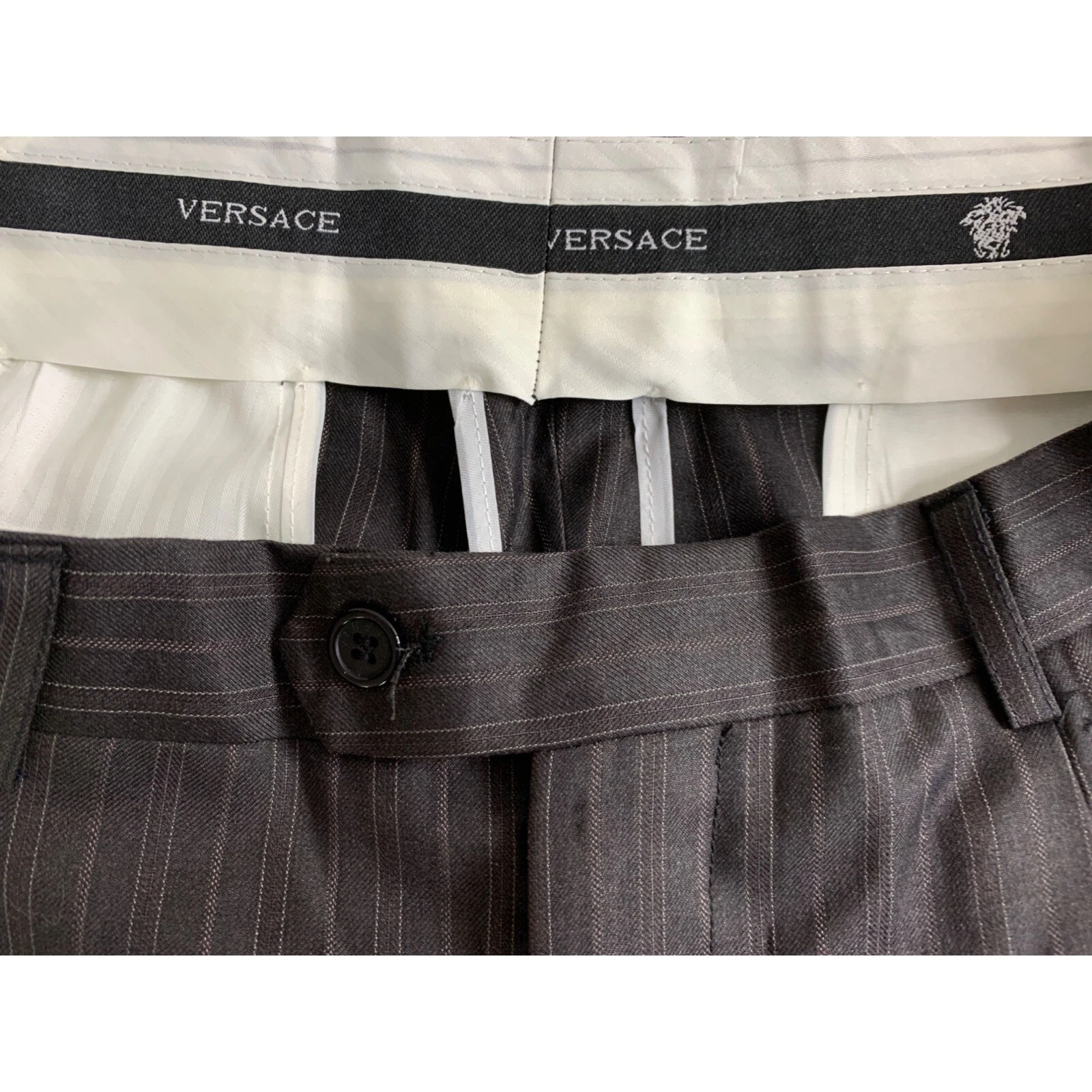 Pantaloni eleganti vintage Versace uomo plissettati lana gessato taglia 35 x 30 antracite 7528