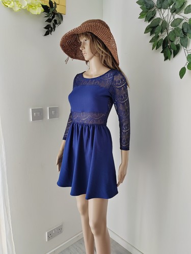 ❤️ Size 8-10 H&M solid navy blue lace any occasion skater fit & flare dress 1267 - Picture 2 of 12