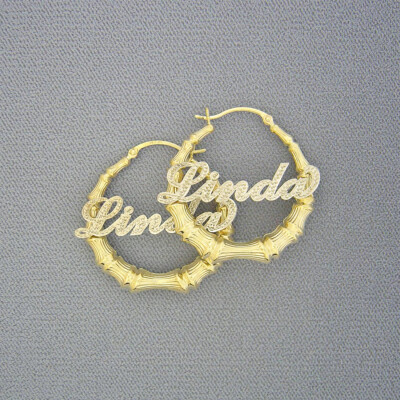 10k oder 14k Gold personalisierte Iced Out Name runde Bambus Ohrringe zweifarbig Schmuck