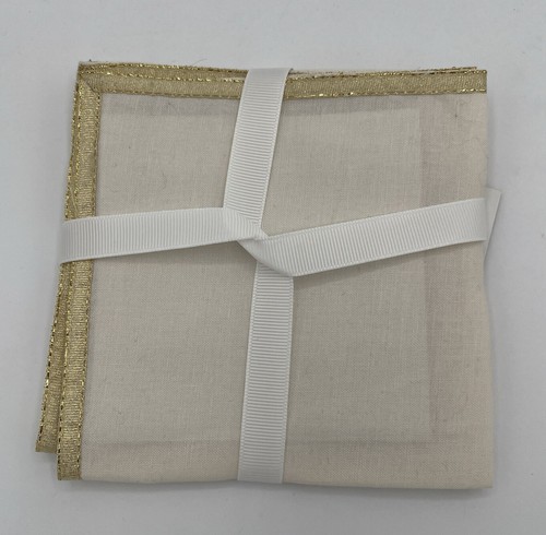 Pottery Barn Gold Lurex Ribbon Ivory Cotton Cocktail Napkins Set of 4 - Picture 3 of 4