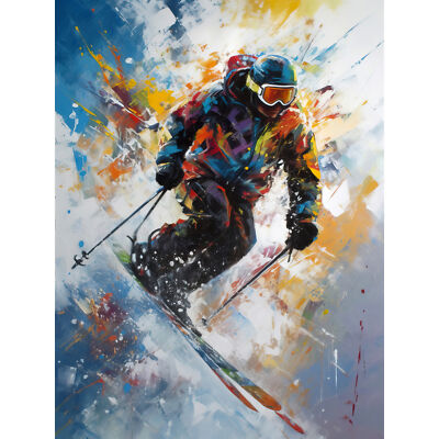 Skifahrer Skifahren Abfahrt Piste Lebendig Splat Kunst Gemälde Wandbild Leinwand Bild 18X24