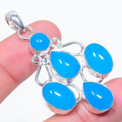 Blue Chalcedony Gemstone Handmade 925 Sterling Silver Jewelry Pendant Size 2.50''