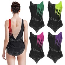 Women Leotard Dance Jumpsuit Gymnastics Bodysuit Shiny Costume Contrast Color