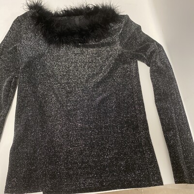 Womens Sheer Black W/ Collar  Feathers Blouse Top Size Large
