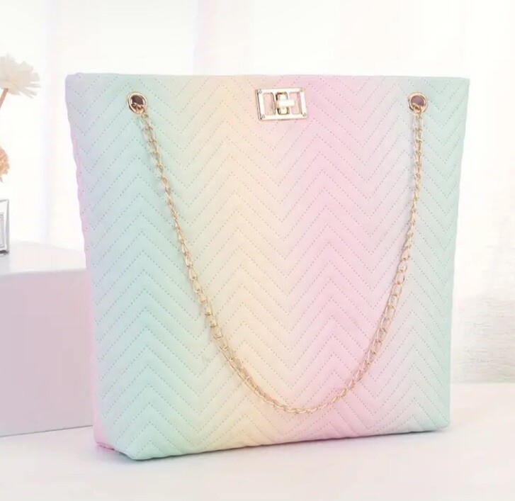 Dainty Gradient Quilted PU Ombré Rainbow Tote Purse Bag Chain