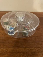Vintage Clear Round Plastic 21 Thread/Bobbin Holder- w/Lid & 11 Wood Spools- EVC