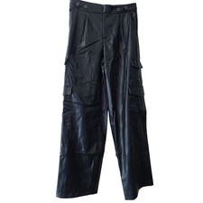 A New Day Faux Leather Cargo Pants Black Women Size 6 High Rise Pleated Wide Leg