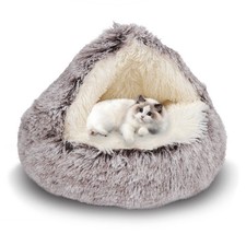 Cat Bed Round Plush Fluffy Hooded Cat Bed Cave, Cozy for Indoor Cats or Small...