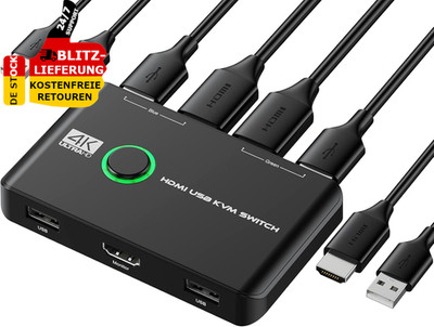   HDMI KVM Switch 2 Port 2 PC 1 Monitor 4K 60Hz USB Tastatur Maus Drucker