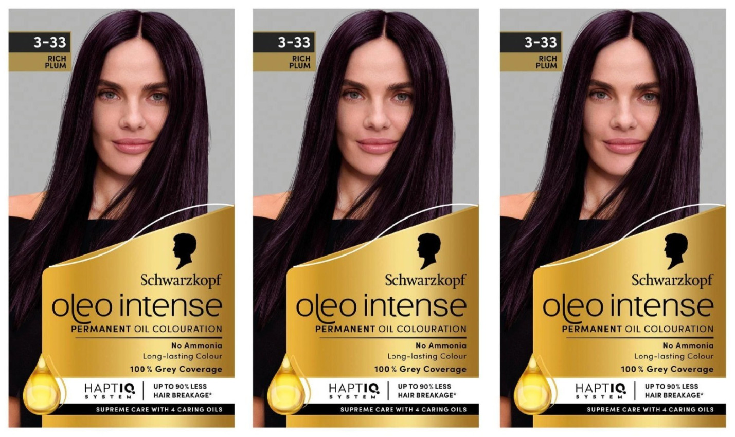 3 x Schwarzkopf Oleo Intense Permanent Oil Colour Hair Dye 3-33 Rich Plum