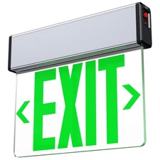 Green LED Edge Lit Exit Sign Brushed Aluminum Housing, UL Listed Emergency Ex...