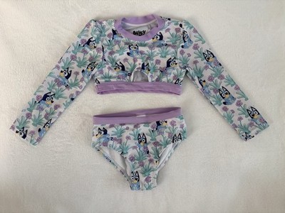 Bluey Girls Long Sleeve Cartoon Print 2 Piece Swim Set Purple Size 3T