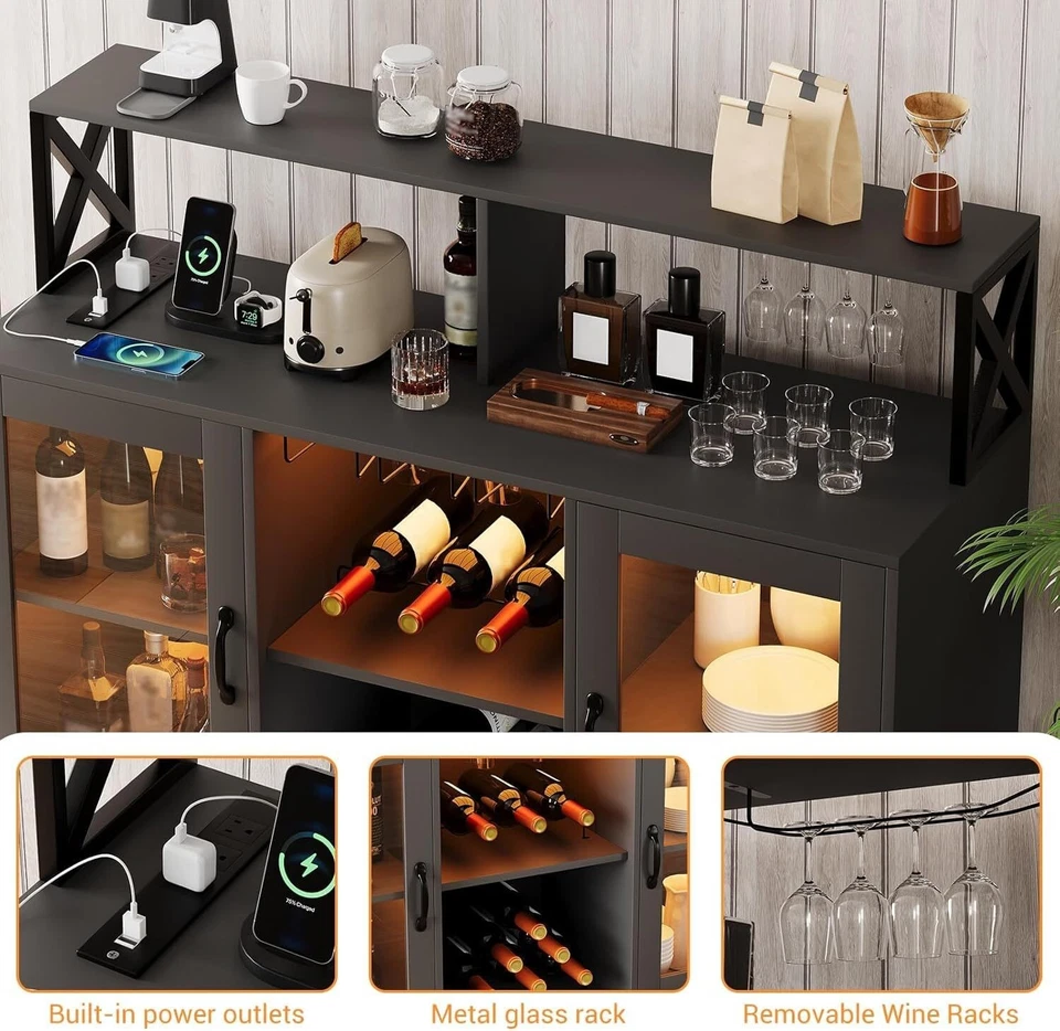 Armario de bar de vinos 47" soporte de vidrio con luces LED y tomas de corriente gabinete de licor Foto 3 de 4