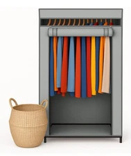 Portable Wardrobe Closet, Medium Premium Metal Hanging Rod w/Gray Cover-New