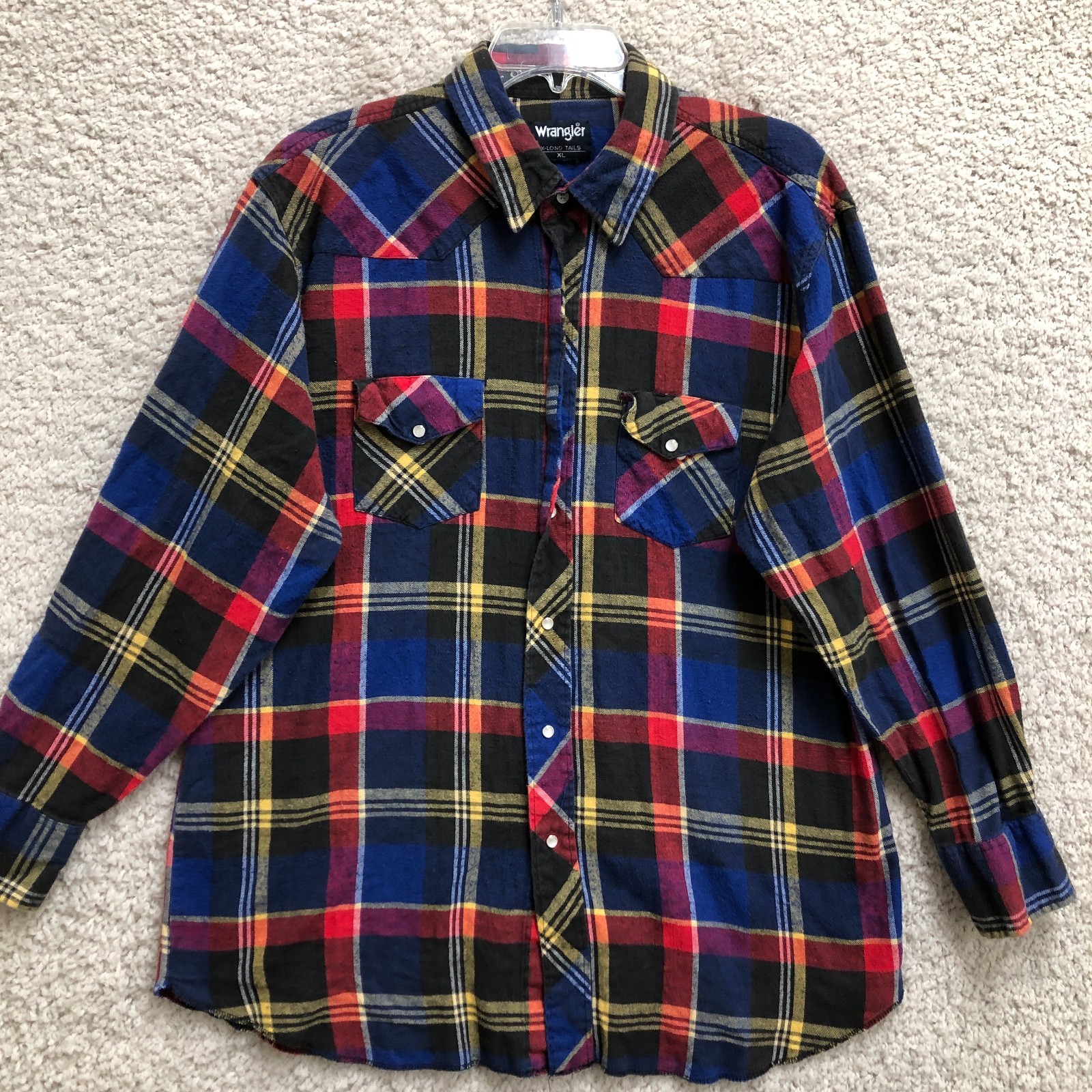 Wrangler Button Up Shirt Extra Large Adult Blue Plaid Pearl Snap Western Mens XL